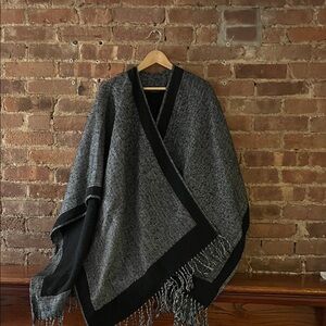 Chic Black and Gray Poncho with Fringe